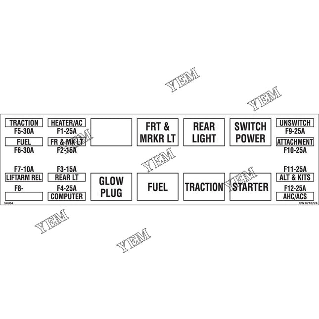 Relay Fuse Decal Part # 6718774 For Bobcat Parts