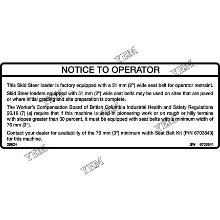 Seat Belt Decal Part # 6703641 For Bobcat Parts