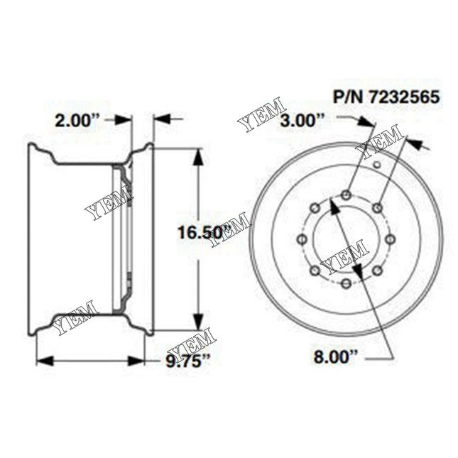 Standard Wheel Rim, 16.5 x 9.75, 2 Offset Part # 7232565 For Bobcat Parts