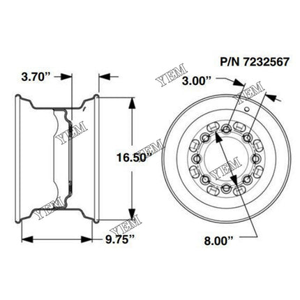 Standard Wheel Rim, 16.5 x 9.75, 3.7 Offset Part # 7232567 For Bobcat Parts